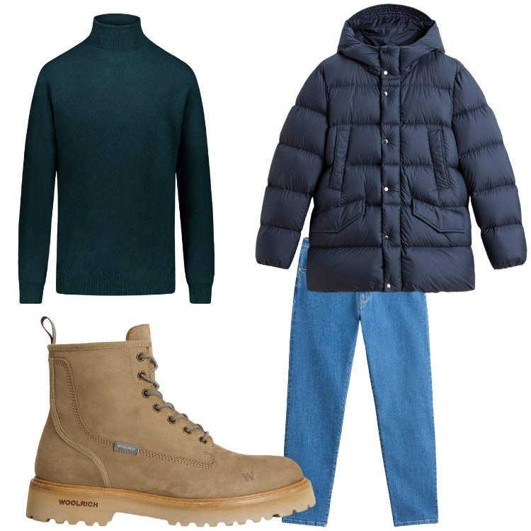 Outfit uomo - Semplice. Stile Casual per Tutti i giorni. Abbinamento con pantaloni, anfibi, parka, maglieria.