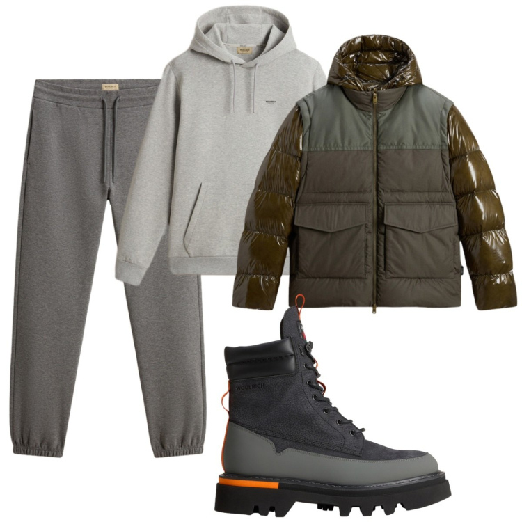 Outfit uomo - Total look #2276645. Stile Casual per Tutti i giorni. Abbinamento con pantaloni, piumini, felpe con cappuccio, stivali e stivaletti.
