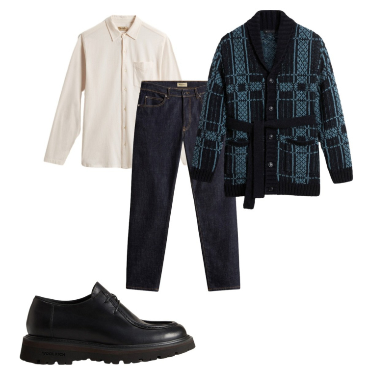 Outfit uomo - Total look #2276654. Stile Trendy per Tutti i giorni. Abbinamento con pantaloni, camicie, scarpe stringate, cardigans.