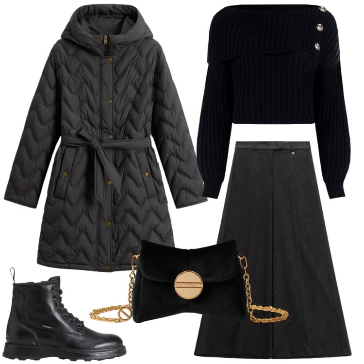 Outfit donna - Total look #2276655. Stile Casual chic per Serata fuori. Abbinamento con maglieria, pantaloni, anfibi, parka, borse a tracolla.