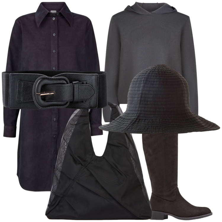 Outfit donna - Dark mood. Stile Urban per Tutti i giorni. Abbinamento con cinture, stivali, cappelli, shopping bag, vestiti chemisier, maglieria.