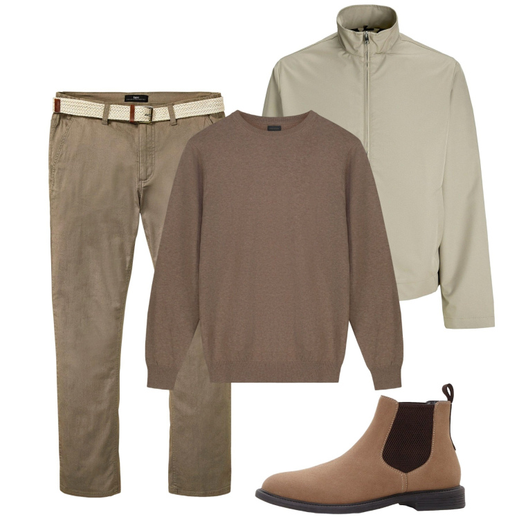 Outfit uomo - Ottobre. Stile Casual per Tutti i giorni. Abbinamento con pantaloni chino, stivali e stivaletti, giacche, maglieria.