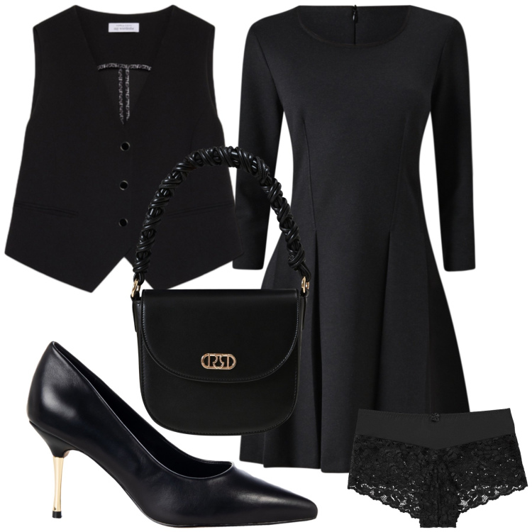 Outfit donna - Nero al ristorante. Stile Glamour per Serata fuori. Abbinamento con culotte, décolleté, borse a mano, vestiti corti, gilet.