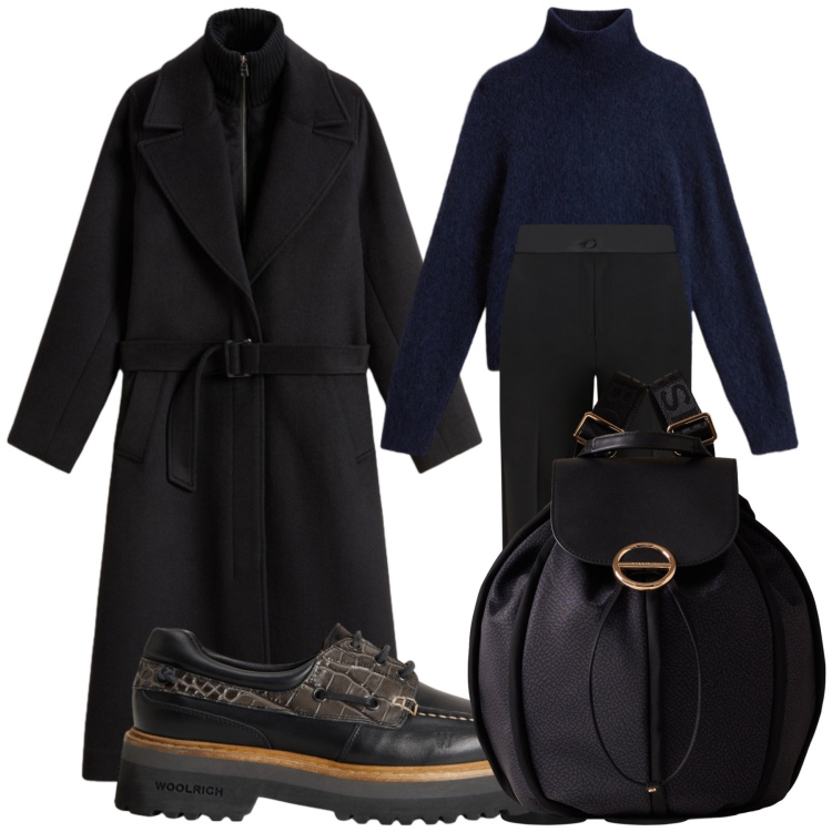 Outfit donna - Black is back. Stile Casual chic per Tutti i giorni. Abbinamento con zaini, pantaloni a palazzo, maglieria, mocassini, cappotti.