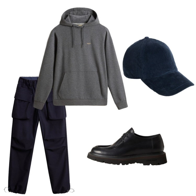Outfit uomo - Ottobre. Stile Casual per Tutti i giorni. Abbinamento con pantaloni, scarpe stringate, felpe con cappuccio, cappelli con visiera.
