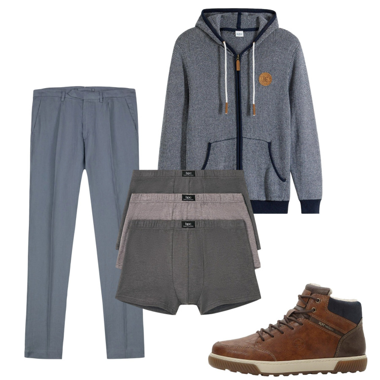 Outfit uomo - Autunno. Stile Casual per Tutti i giorni. Abbinamento con cardigans, boxer, sneakers alte, pantaloni.