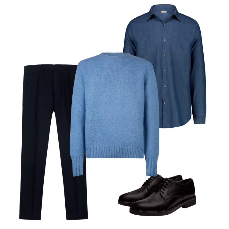 Outfit uomo - Ottobre. Stile Casual per Tutti i giorni. Abbinamento con scarpe stringate, camicie, pantaloni, maglieria.