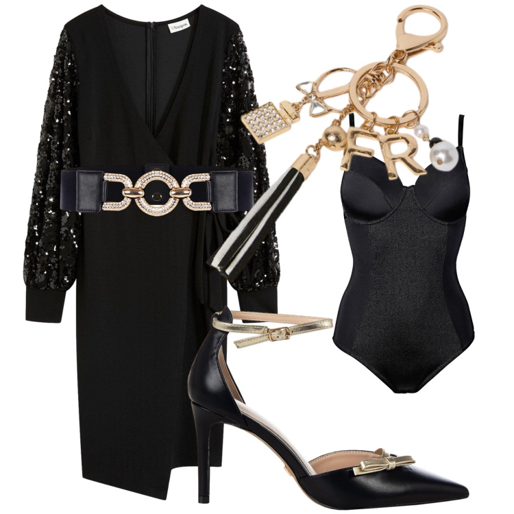 Outfit donna - Black night. Stile Chic per Serata fuori. Abbinamento con body, vestiti midi/longuette, décolleté, cinture, portachiavi.