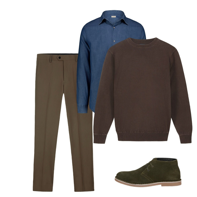 Outfit uomo - Ottobre. Stile Casual per Tutti i giorni. Abbinamento con camicie, stivali e stivaletti, maglieria, pantaloni.