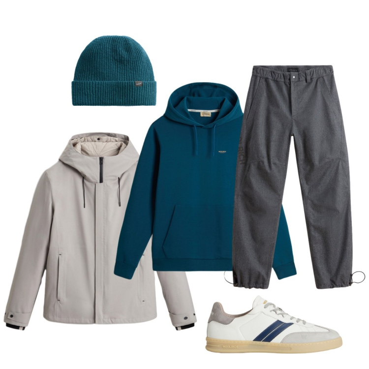 Outfit uomo - Comodo con Woolrich. Stile Casual per Tutti i giorni. Abbinamento con pantaloni, giacche, sneakers, felpe con cappuccio, berretti.