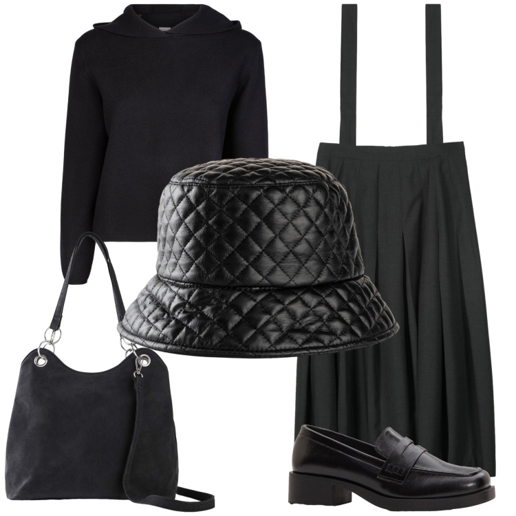 Outfit donna - In nero sotto la pioggia. Stile Urban per Ufficio. Abbinamento con cappelli con visiera, borse a mano, mocassini, maglieria, gonne lunghe.