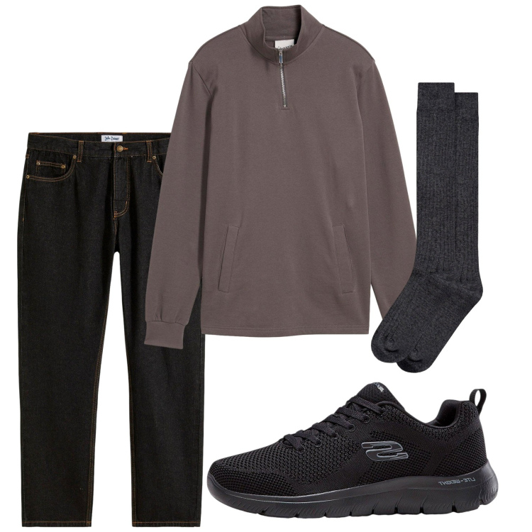 Outfit uomo - Ottobre. Stile Casual per Tutti i giorni. Abbinamento con jeans dritti, sneakers, felpe, calzini.