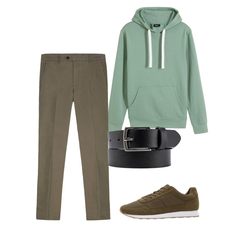 Outfit uomo - Ottobre. Stile Casual per Tutti i giorni. Abbinamento con felpe con cappuccio, sneakers, pantaloni chino, cinture.