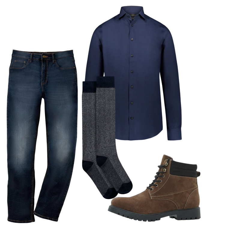 Outfit uomo - In jeans. Stile Casual per Tutti i giorni. Abbinamento con jeans dritti, stivali e stivaletti, camicie, calzini.