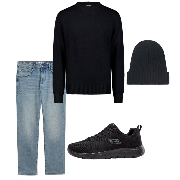 Outfit uomo - Ottobre. Stile Casual per Tutti i giorni. Abbinamento con sneakers, jeans dritti, berretti, maglieria.