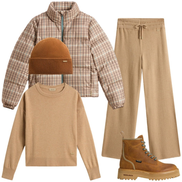 Outfit donna - Winter look. Stile Casual chic per Tutti i giorni. Abbinamento con anfibi, piumini, maglieria, berretti, pantaloni.