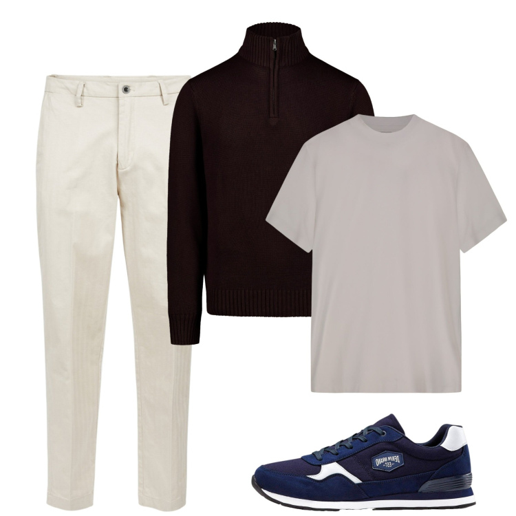 Outfit uomo - Ottobre. Stile Casual per Tutti i giorni. Abbinamento con sneakers, pantaloni, t-shirt, maglieria.