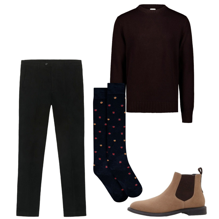 Outfit uomo - Ottobre. Stile Casual per Serata speciale. Abbinamento con stivali e stivaletti, pantaloni chino, calzini, maglieria.