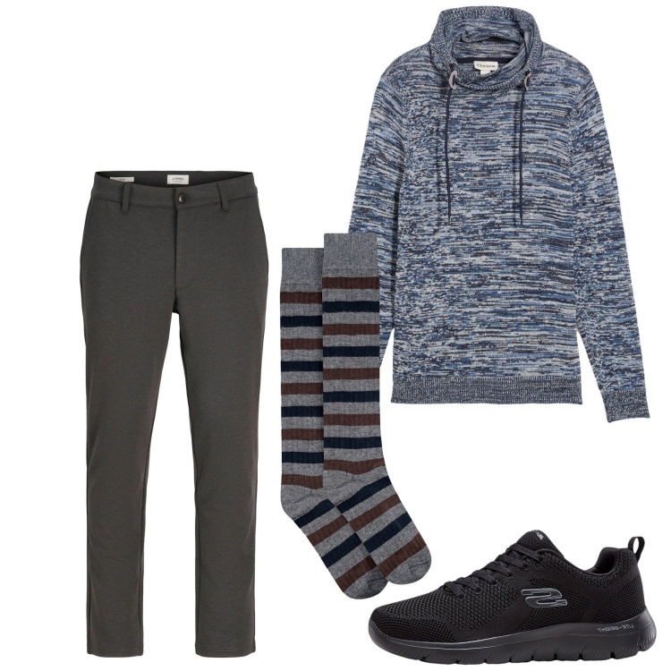 Outfit uomo - Ottobre. Stile Casual per Tutti i giorni. Abbinamento con sneakers, pantaloni chino, maglieria, calzini.