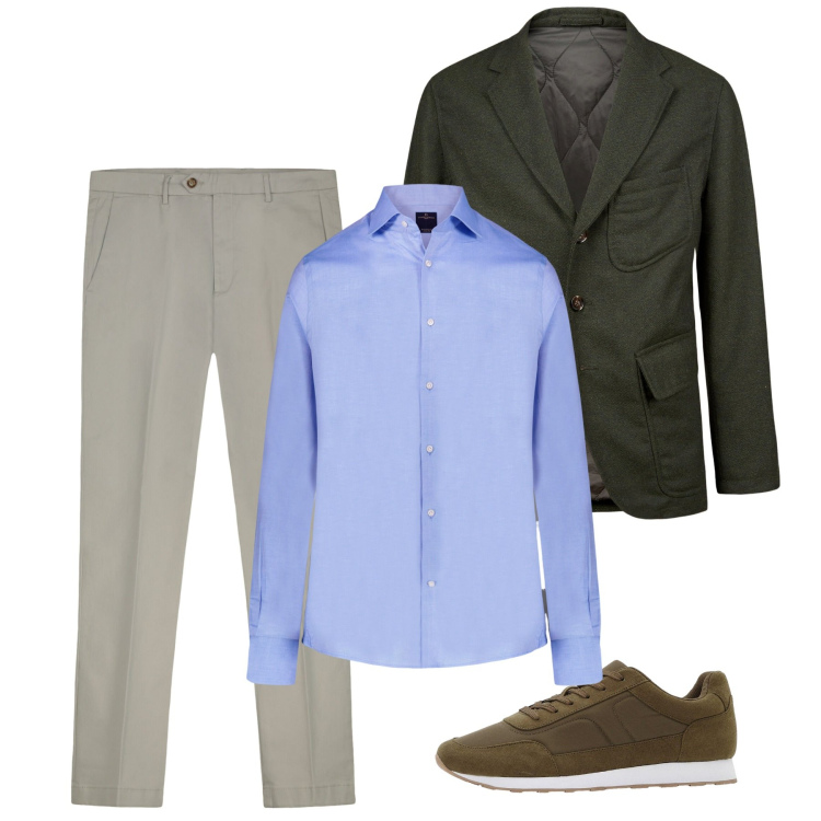 Outfit uomo - Ottobre. Stile Business/Elegante per Ufficio. Abbinamento con sneakers, camicie, giacche, pantaloni chino.