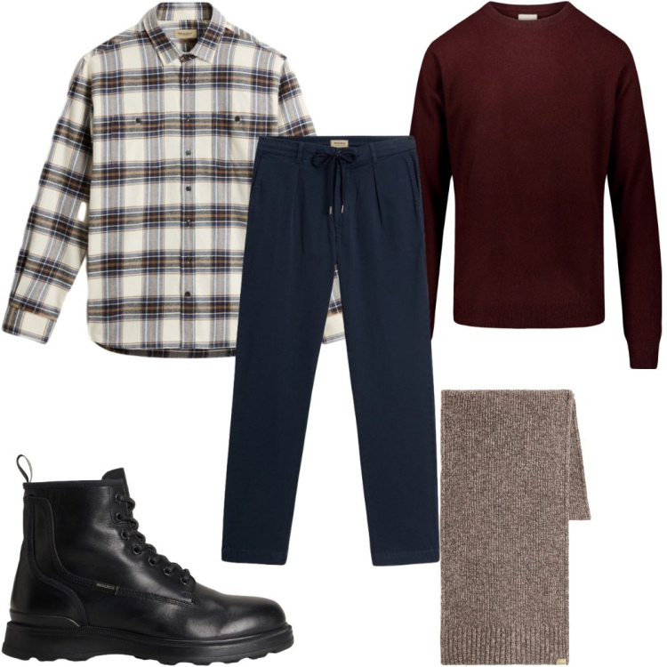 Outfit uomo - Total look #2276697. Stile Casual per Tutti i giorni. Abbinamento con anfibi, sciarpe, camicie, pantaloni, maglieria.