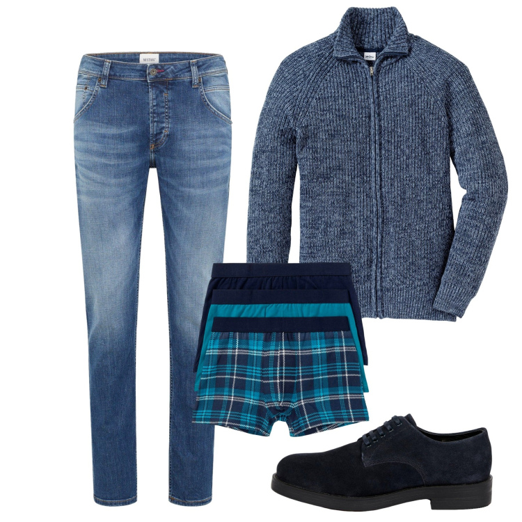 Outfit uomo - Ottobre. Stile Casual per Tutti i giorni. Abbinamento con boxer, cardigans, jeans dritti, scarpe stringate.