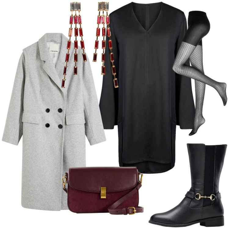 Outfit donna - Total look #2276700. Stile Chic per Serata fuori. Abbinamento con stivali, orecchini, cappotti, collant, borse a mano, vestiti a tubino.