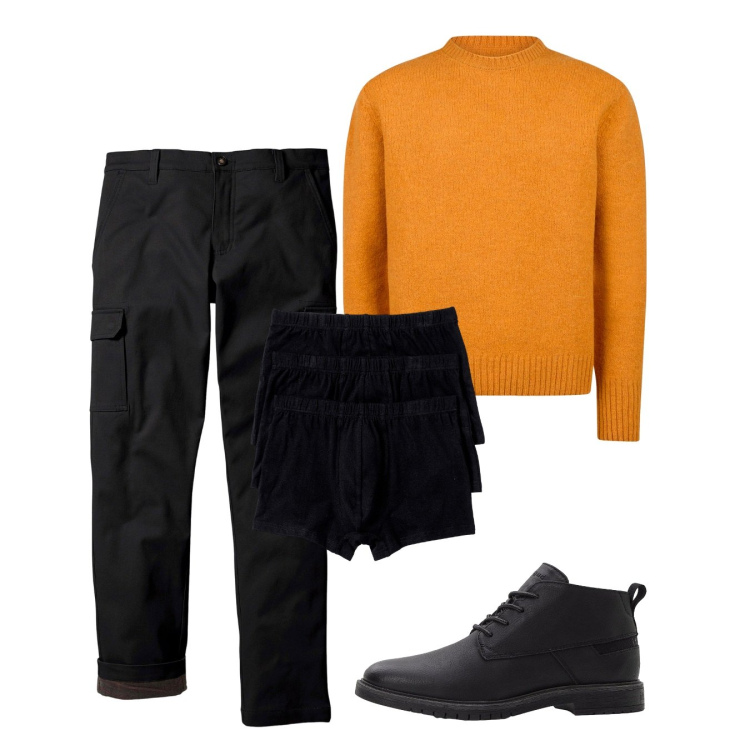 Outfit uomo - Zucca vuota. Stile Casual per Tutti i giorni. Abbinamento con boxer, pantaloni cargo, stivali e stivaletti, maglieria.