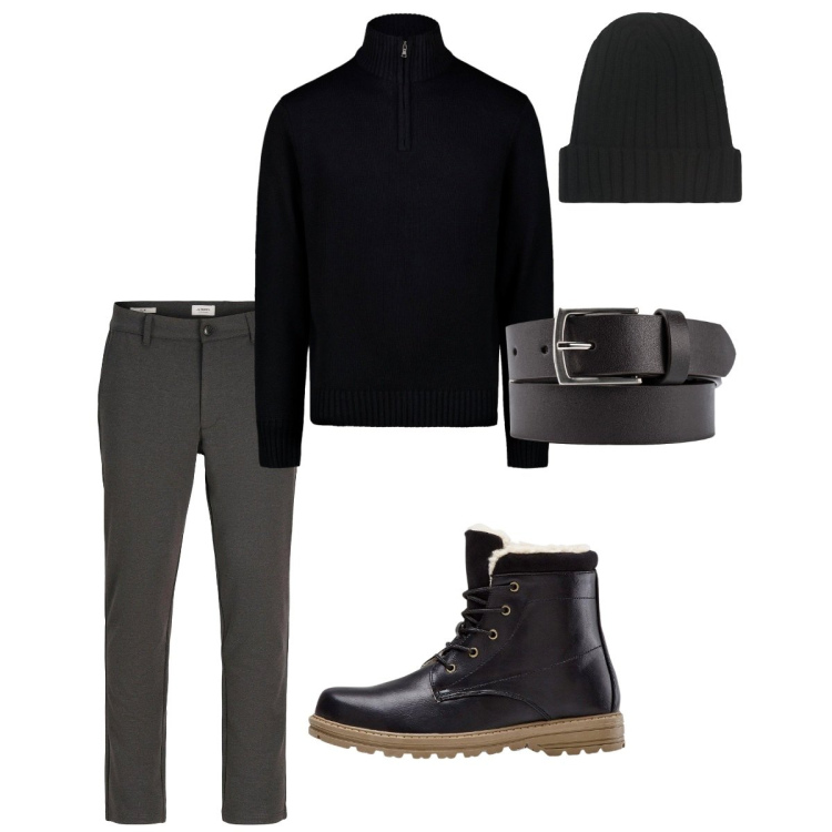 Outfit uomo - Ottobre. Stile Casual per Tutti i giorni. Abbinamento con stivali e stivaletti, pantaloni chino, cinture, maglieria, berretti.