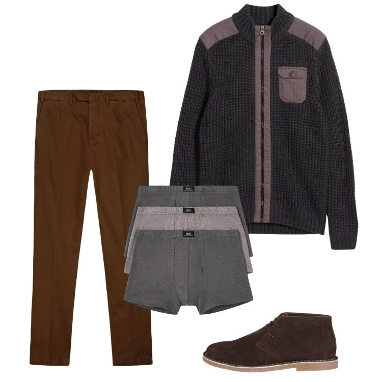Outfit uomo - Autunno. Stile Casual per Tutti i giorni. Abbinamento con boxer, cardigans, pantaloni, stivali e stivaletti.