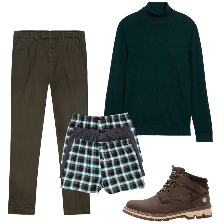 Outfit uomo - Ottobre in baita. Stile Casual per Tutti i giorni. Abbinamento con boxer, stivali e stivaletti, maglieria, pantaloni.