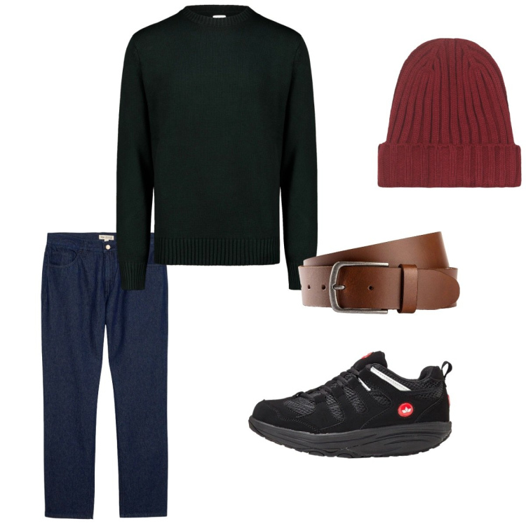 Outfit uomo - Ottobre. Stile Casual per Tutti i giorni. Abbinamento con cinture, sneakers, jeans dritti, berretti, maglieria.