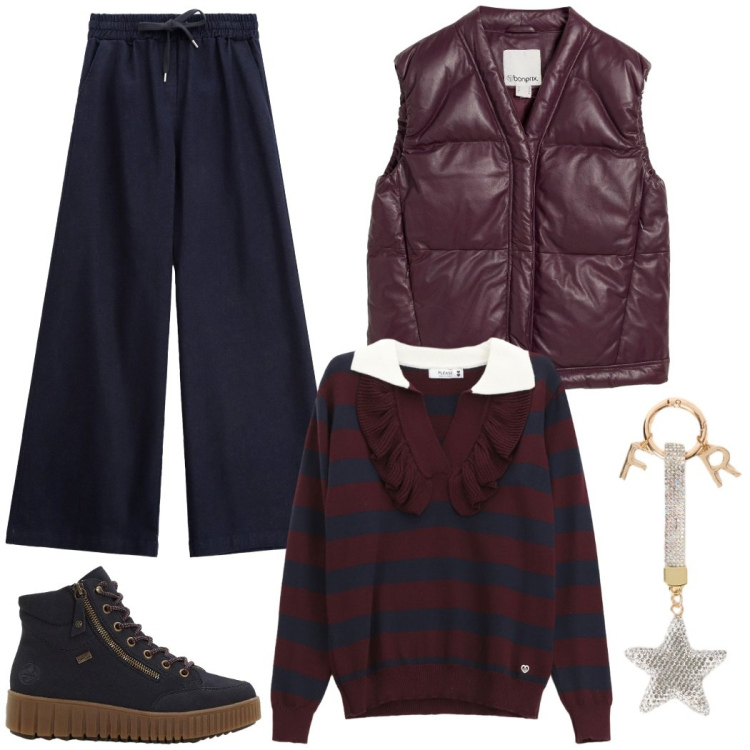 Outfit donna - Urban style. Stile Urban per Tutti i giorni. Abbinamento con piumini, sneakers alte, pullovers, jeans, portachiavi.