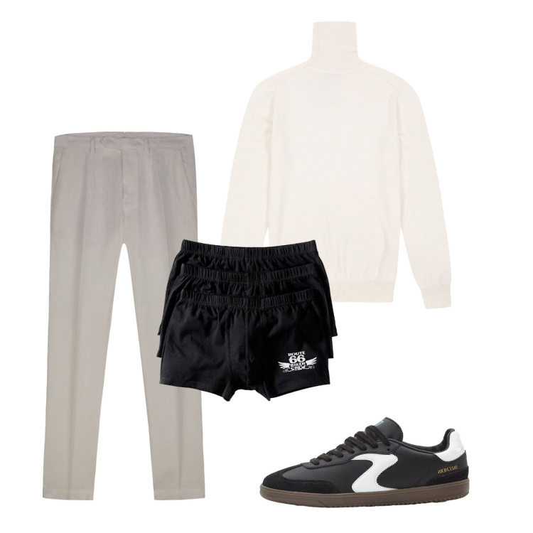 Outfit uomo - Bianco. Stile Casual per Tutti i giorni. Abbinamento con boxer, sneakers, pantaloni, maglieria.