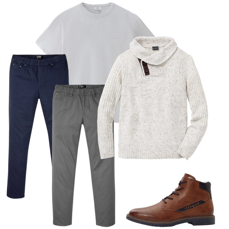 Outfit uomo - Ottobre. Stile Casual per Tutti i giorni. Abbinamento con maglieria, pantaloni, stivali e stivaletti, t-shirt.