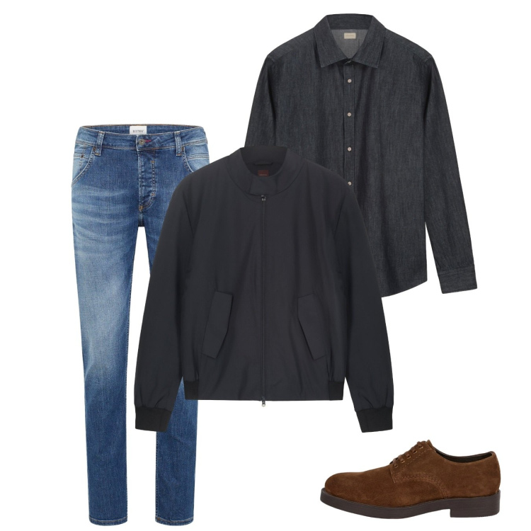 Outfit uomo - Ottobre. Stile Casual per Tutti i giorni. Abbinamento con jeans dritti, scarpe stringate, camicie, bomber.