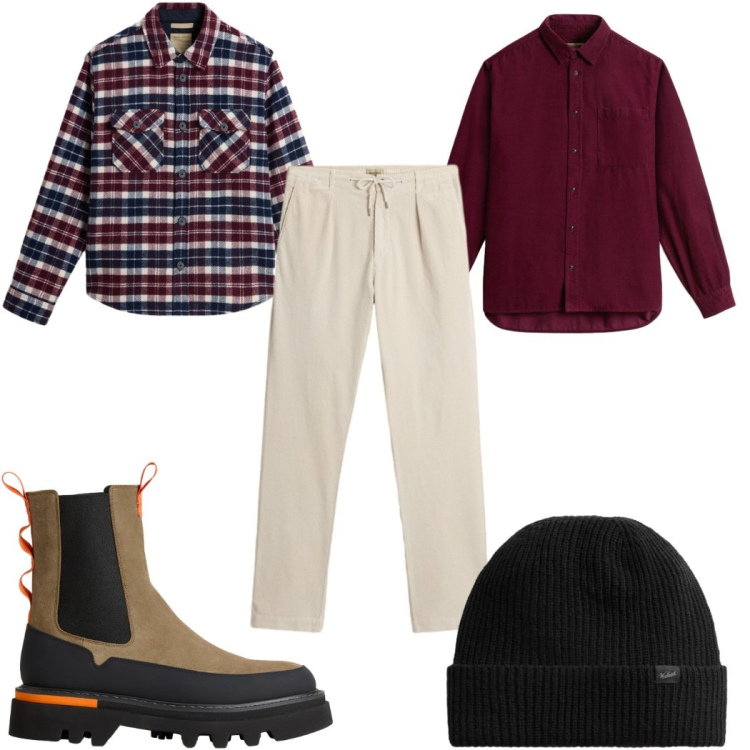 Outfit uomo - Total look #2276716. Stile Trendy per Tutti i giorni. Abbinamento con berretti, pantaloni, stivali e stivaletti, camicie, cappotti.