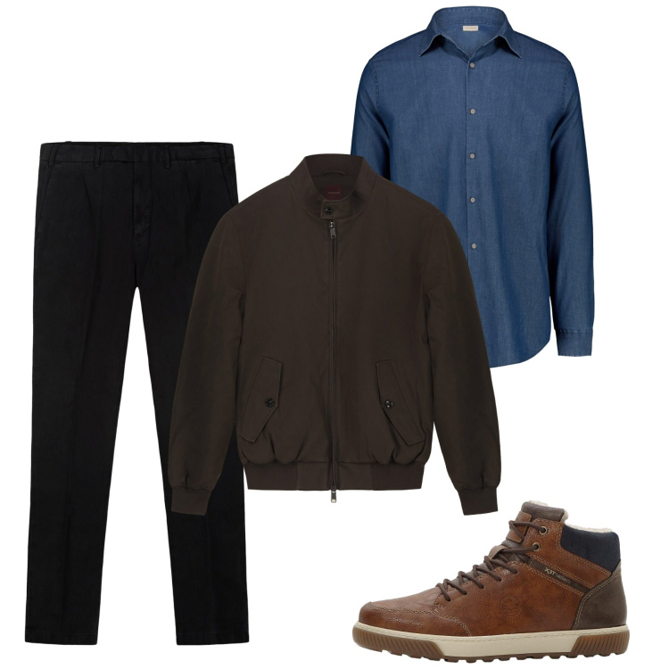 Outfit uomo - Ottobre. Stile Casual per Tutti i giorni. Abbinamento con sneakers alte, pantaloni, camicie, bomber.