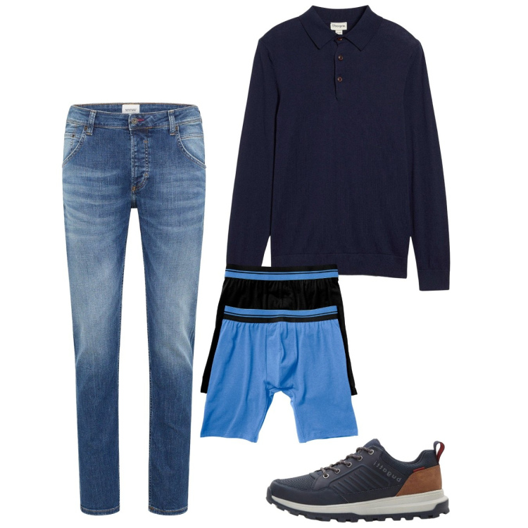 Outfit uomo - Ottobre. Stile Casual per Tutti i giorni. Abbinamento con boxer, jeans dritti, sneakers, maglieria.