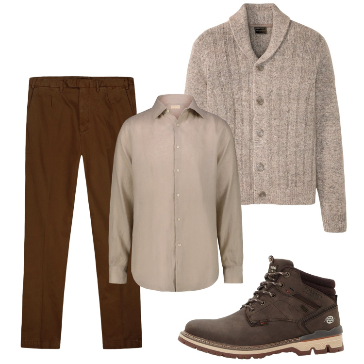 Outfit uomo - Ottobre. Stile Casual per Tutti i giorni. Abbinamento con cardigans, stivali e stivaletti, pantaloni, camicie.