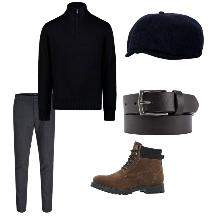 Outfit uomo - Ottobre. Stile Casual per Tutti i giorni. Abbinamento con pantaloni chino, stivali e stivaletti, cappelli con visiera, cinture, maglieria.