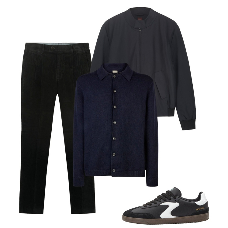 Outfit uomo - Ottobre. Stile Casual per Tutti i giorni. Abbinamento con sneakers, pantaloni, bomber, polo.
