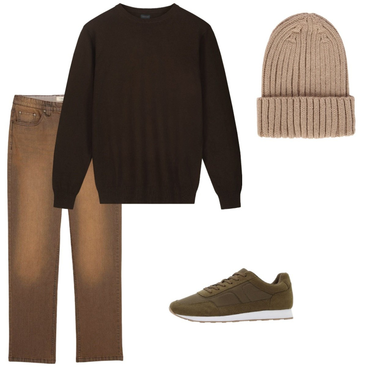 Outfit uomo - Ottobre. Stile Casual per Tutti i giorni. Abbinamento con sneakers, jeans, berretti, maglieria.
