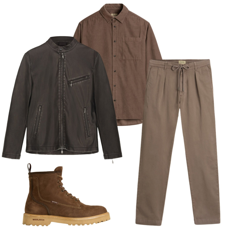 Outfit uomo - Marrone su marrone. Stile Casual per Tutti i giorni. Abbinamento con anfibi, pantaloni, camicie, giacche.
