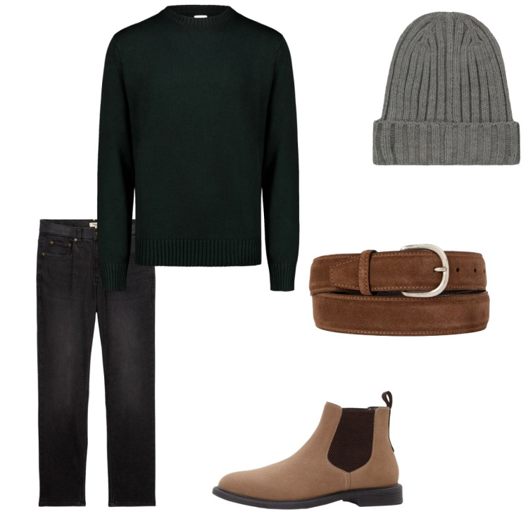 Outfit uomo - Ottobre. Stile Casual per Tutti i giorni. Abbinamento con stivali e stivaletti, jeans, cinture, berretti, maglieria.