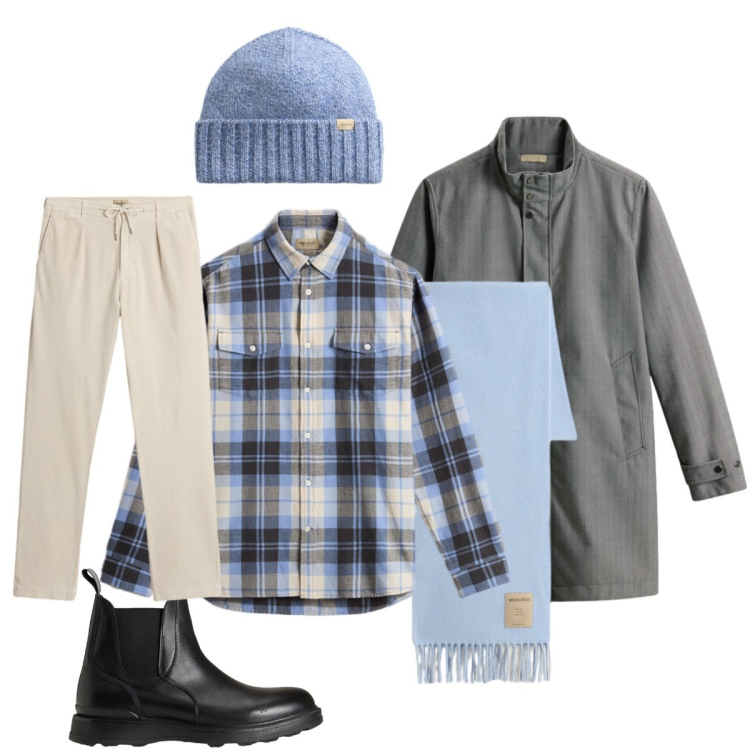 Outfit uomo - Total look #2276754. Stile Casual per Tutti i giorni. Abbinamento con stivali e stivaletti, pantaloni, sciarpe, camicie, berretti, cappotti.