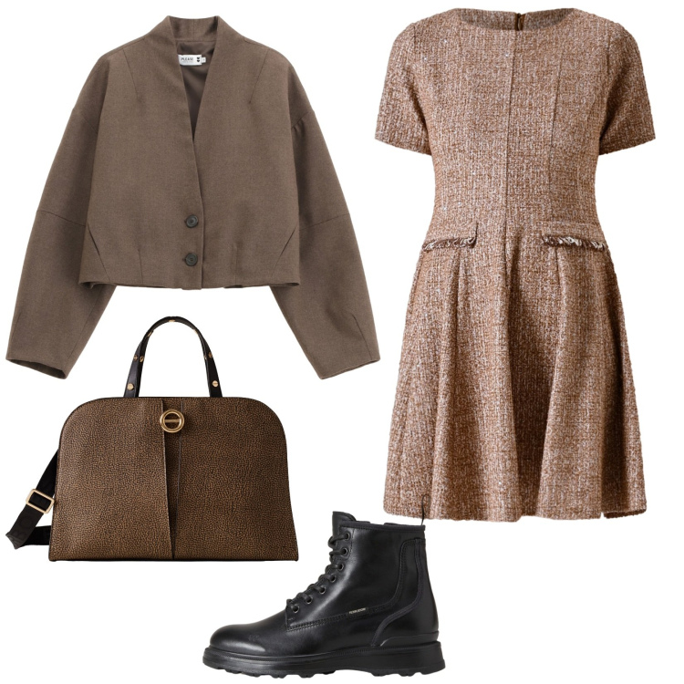 Outfit donna - Cioccolato mania. Stile Vintage retrò per Tutti i giorni. Abbinamento con vestiti corti, blazer, anfibi, borse a mano.