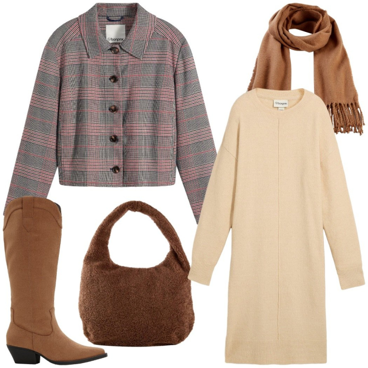 Outfit donna - Total look #2276772. Stile Casual per Ufficio. Abbinamento con sciarpe, cappotti, vestiti, stivali, shopping bag.