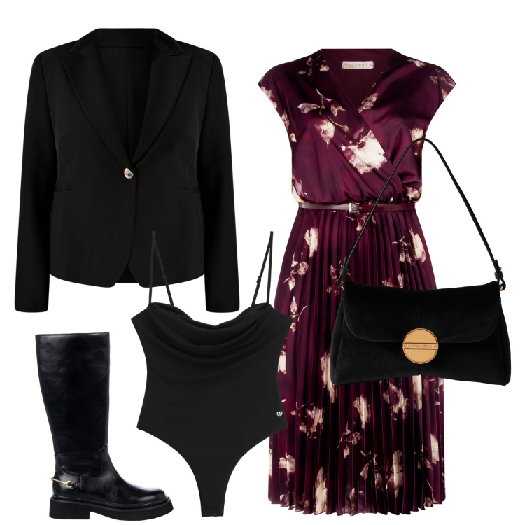 Outfit donna - Elegante nel weekend. Stile Bon Ton per Serata fuori. Abbinamento con vestiti midi/longuette, stivali sopra il ginocchio, blazer, body, borse a tracolla.