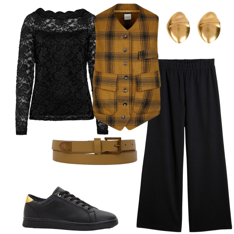 Outfit donna - Nero e senape. Stile Mannish per Serata fuori. Abbinamento con maglieria, sneakers, pantaloni, gilet, cinture, orecchini.